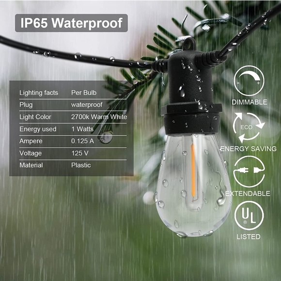 50FT S14 LED Outdoor String Lights 18 Shatterproof Plastic Bulbs (2 Spare) - Picture 4 of 6